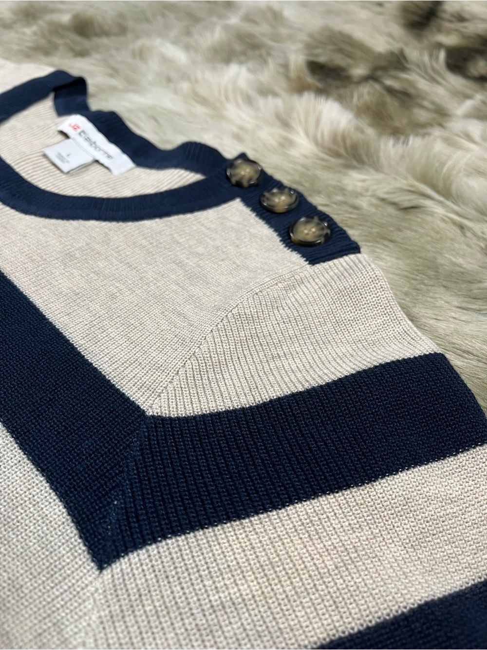 Liz Claiborne Navy and Cream Striped Sweater with Shoulder Buttons